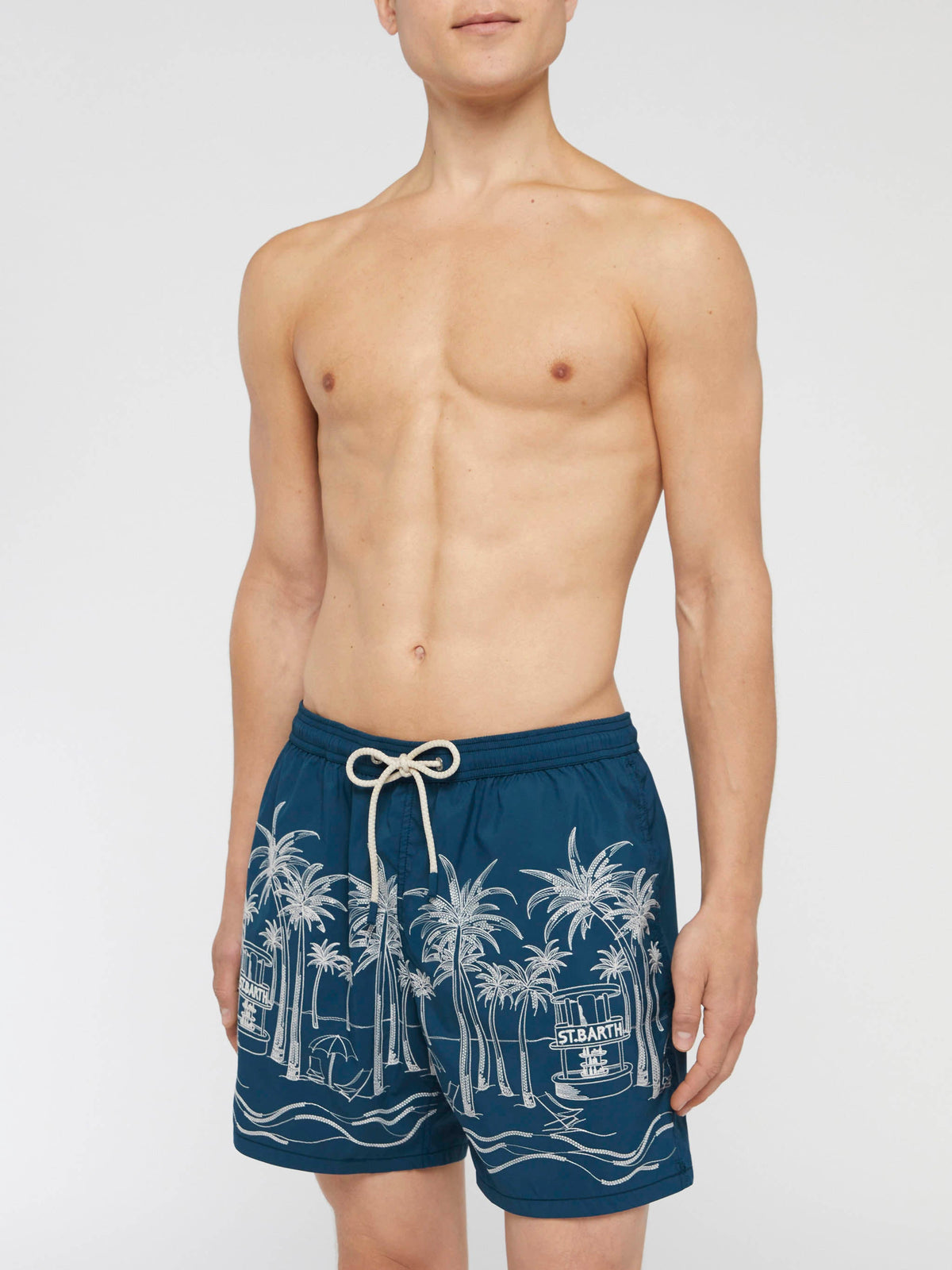 Costume mare Patmos blu navy con ricamo palme e spiaggia