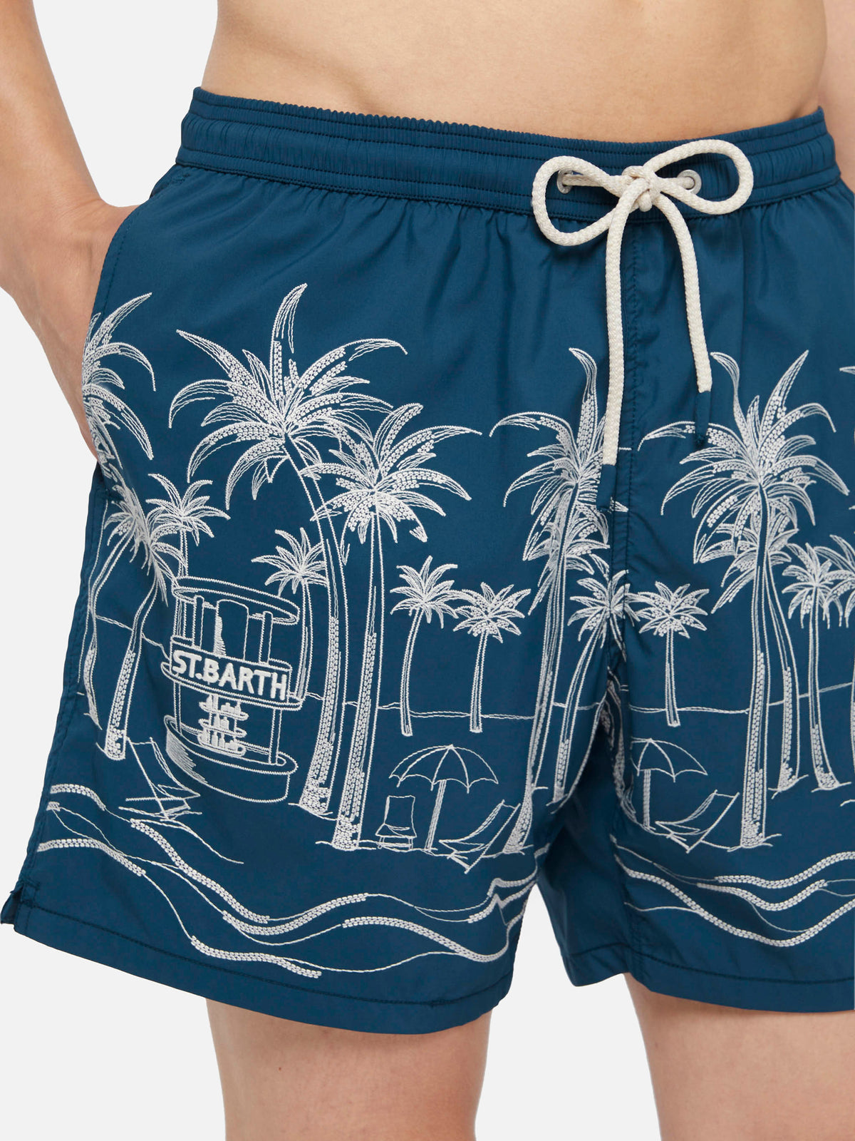 Costume mare Patmos blu navy con ricamo palme e spiaggia
