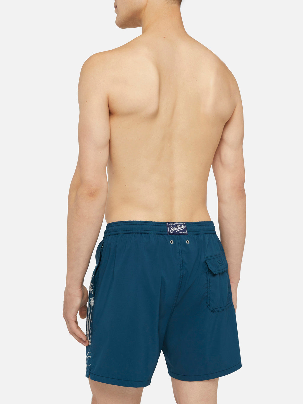 Costume mare Patmos blu navy con ricamo palme e spiaggia