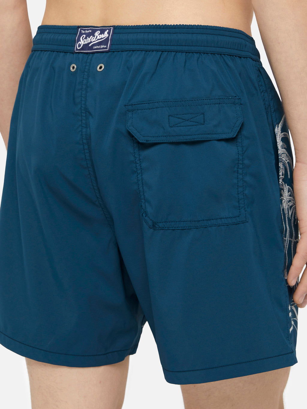 Costume mare Patmos blu navy con ricamo palme e spiaggia
