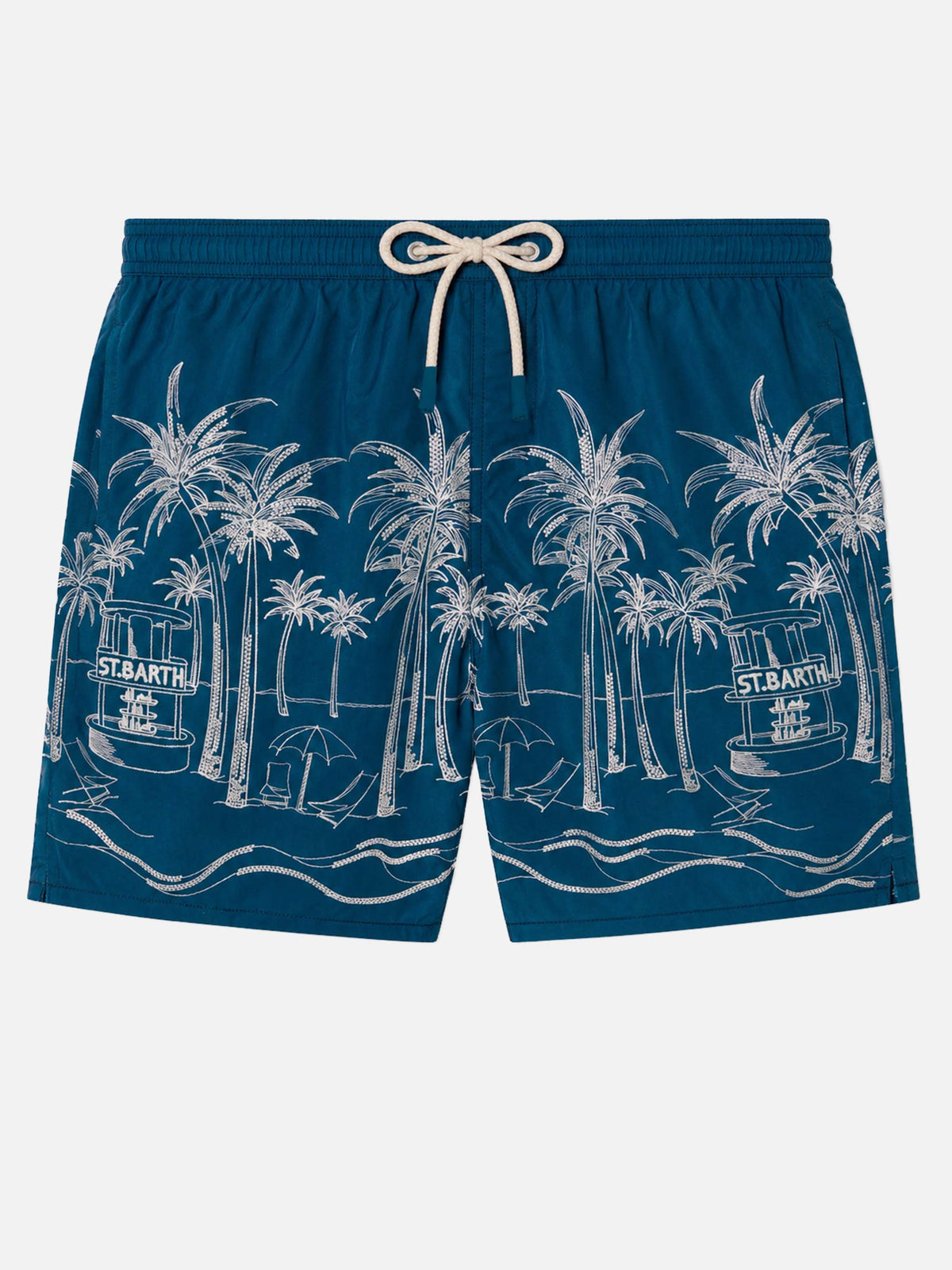 Costume mare Patmos blu navy con ricamo palme e spiaggia