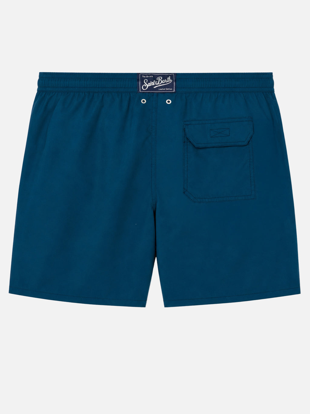 Costume mare Patmos blu navy con ricamo palme e spiaggia
