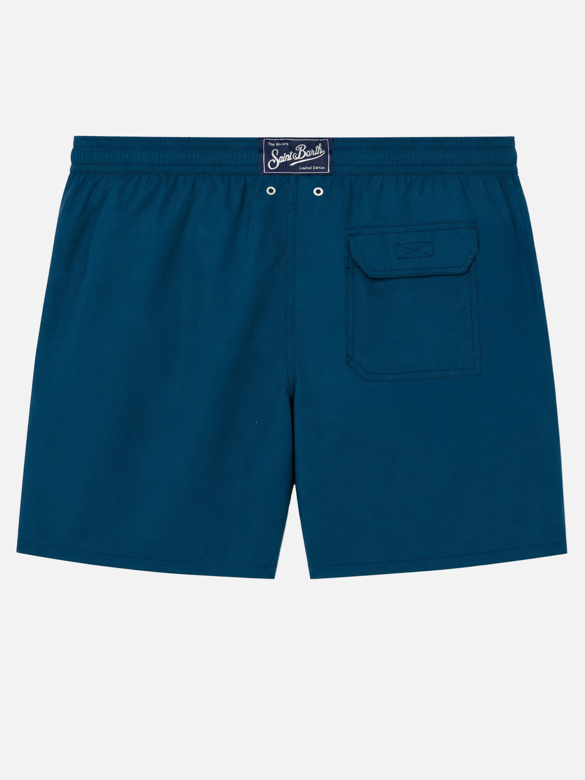 Costume mare Patmos blu navy con ricamo palme e spiaggia