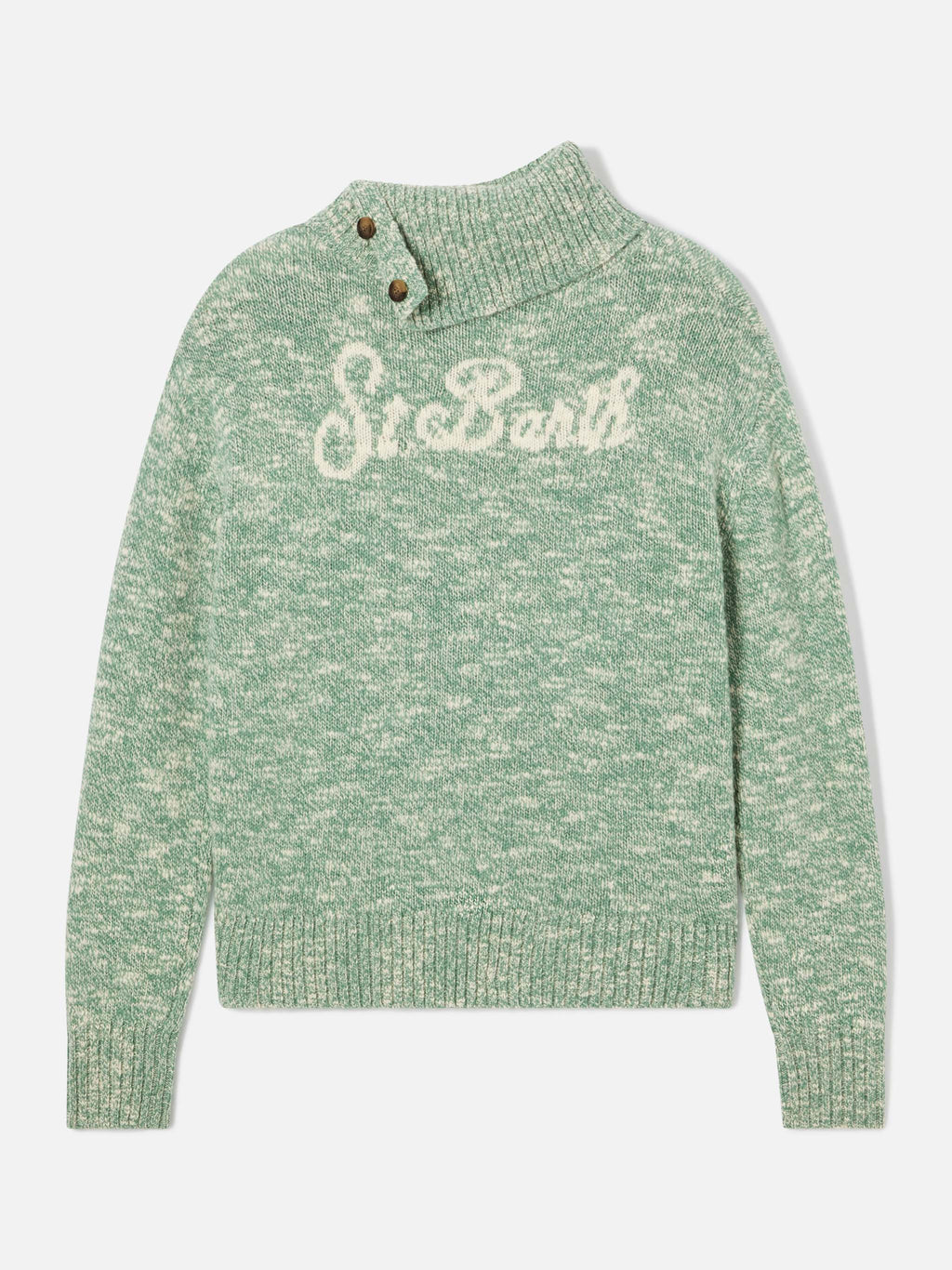 Maglia Philomene verde salvia a collo alto in lana con ricamo logo