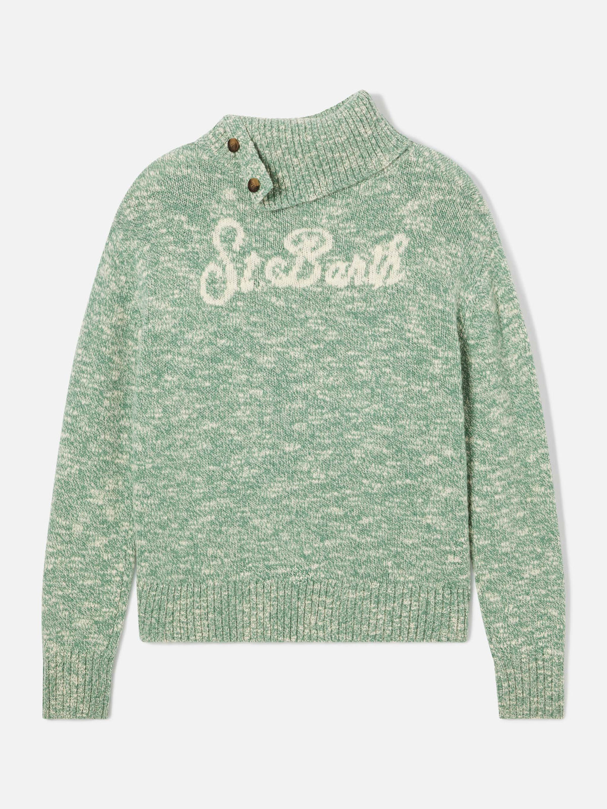 Maglia Philomene verde salvia a collo alto in lana con ricamo logo