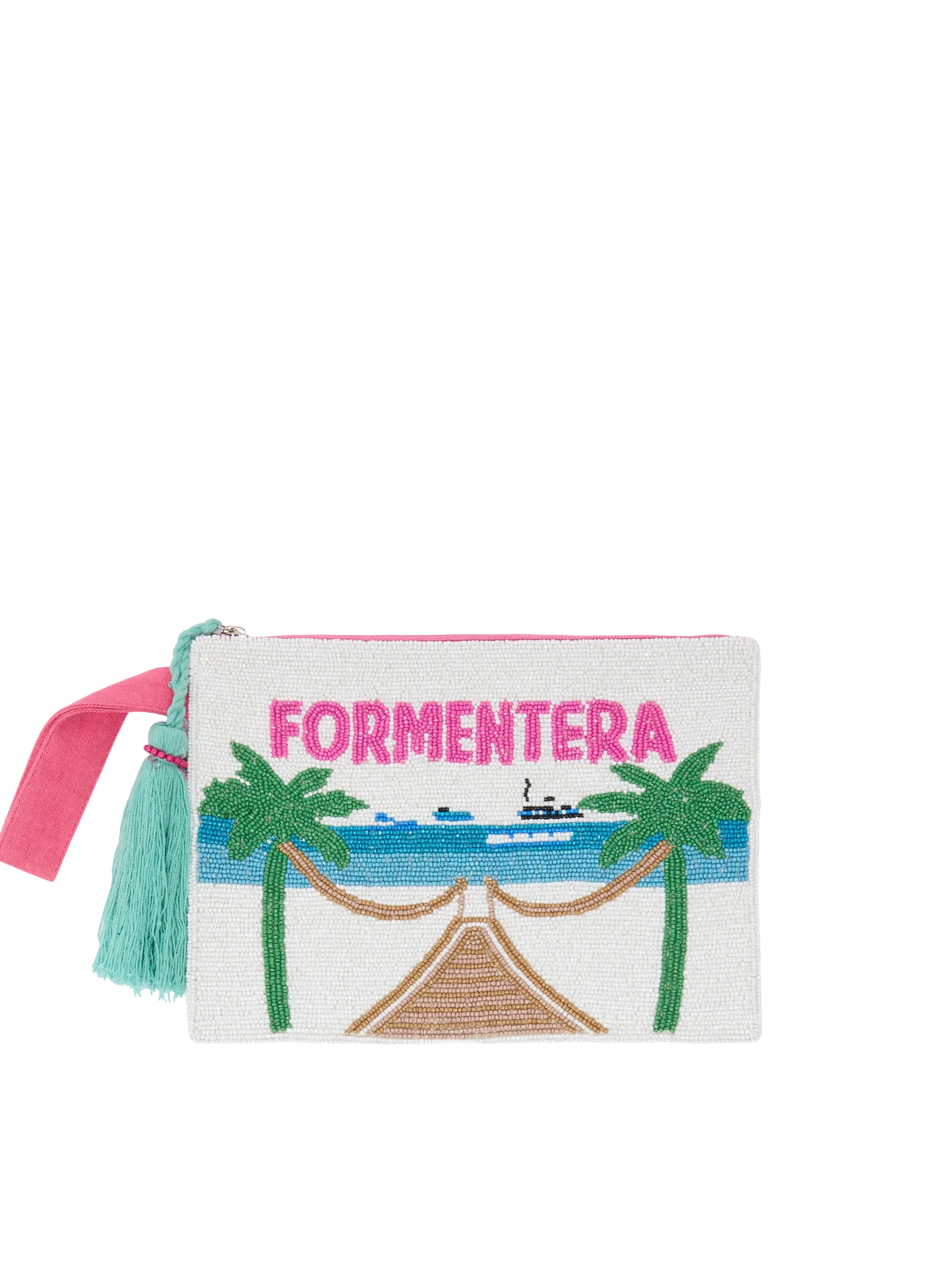 Pochette Pouch Pearl bianco panna in perline con motivo cartolina Formentera