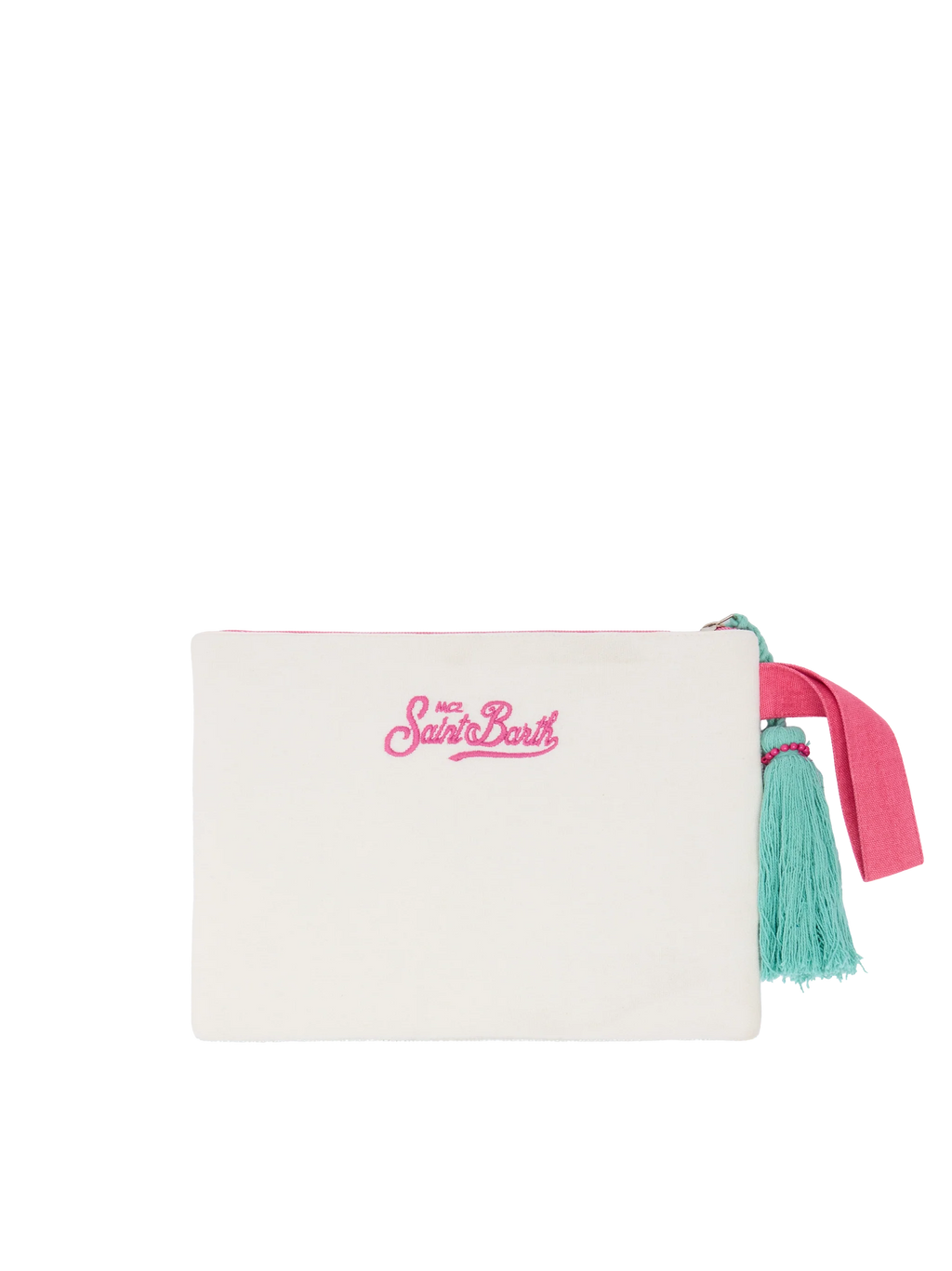 Pochette Pouch Pearl bianco panna in perline con motivo cartolina Formentera