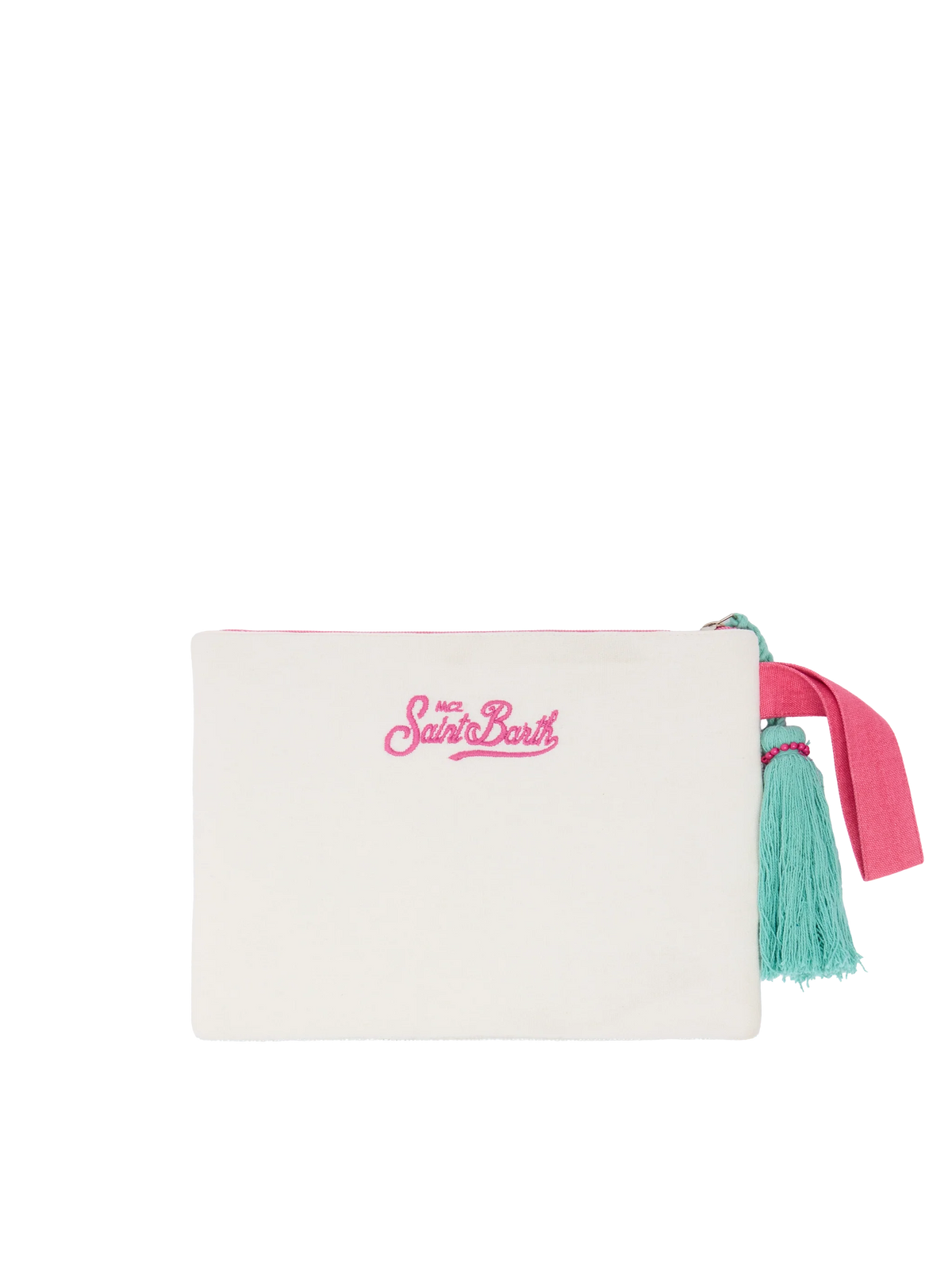 Pochette Pouch Pearl bianco panna in perline con motivo cartolina Formentera