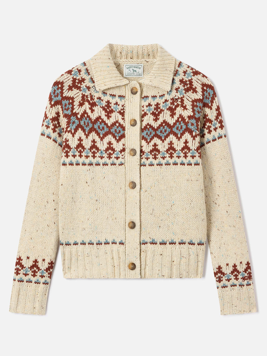 Cardigan Patty in misto lana Donegal con motivo fair isle