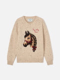 Maglia girocollo Princess beige in misto lana Donegal con intarsio cavallo e ricamo My Only Love