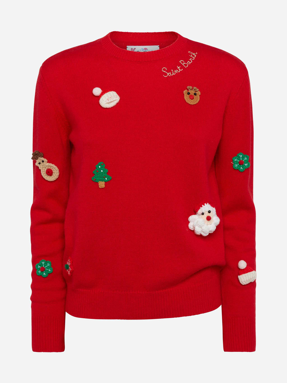 Maglione New Queen Brushed rosso con patch natalizie