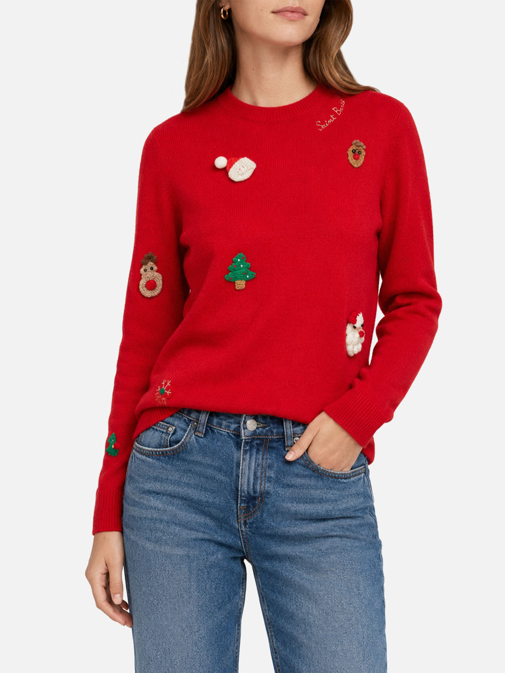 Maglione New Queen Brushed rosso con patch natalizie