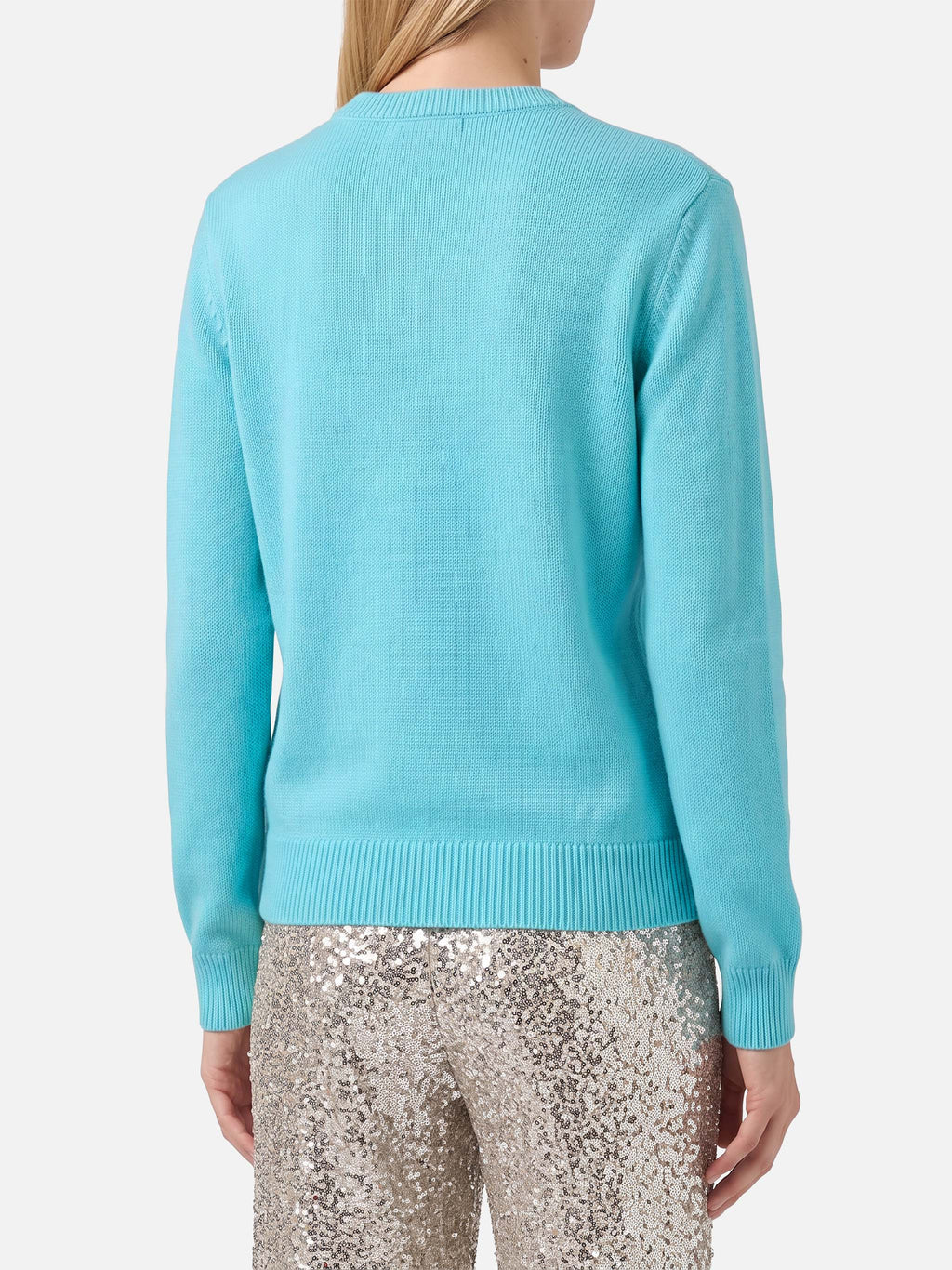Maglione girocollo New Queen verde acqua con scritta Raclette in paillettes