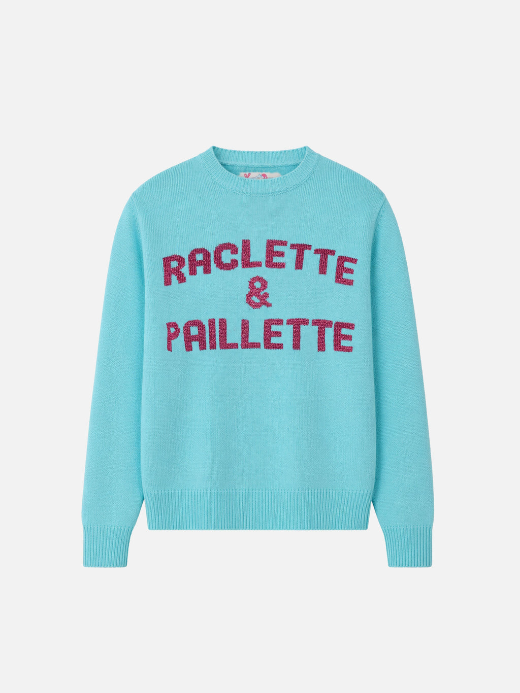Maglione girocollo New Queen verde acqua con scritta Raclette in paillettes