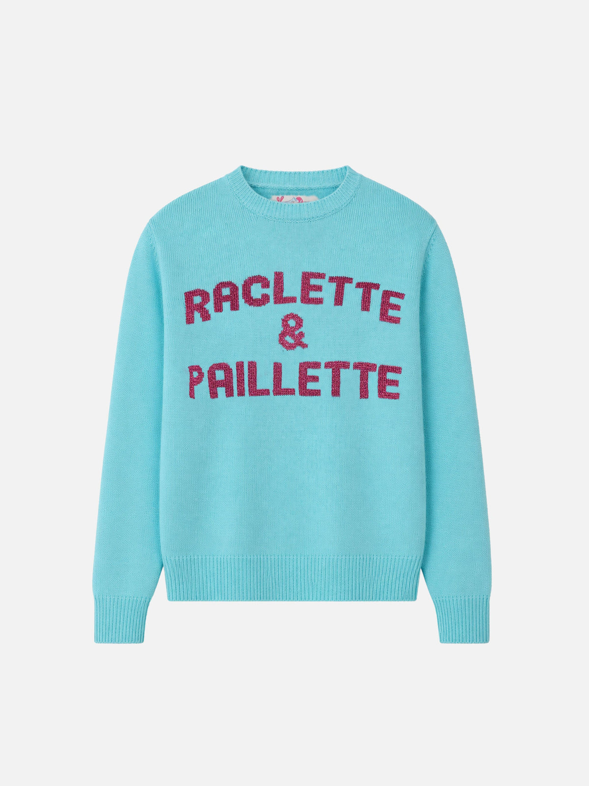 Maglione girocollo New Queen verde acqua con scritta Raclette in paillettes