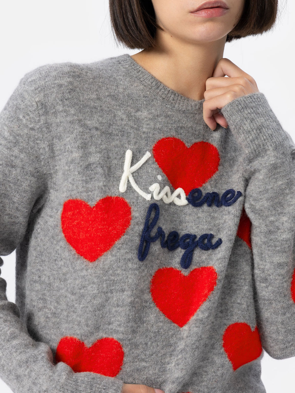 Maglione New Queen grigio con ricamo Kissene