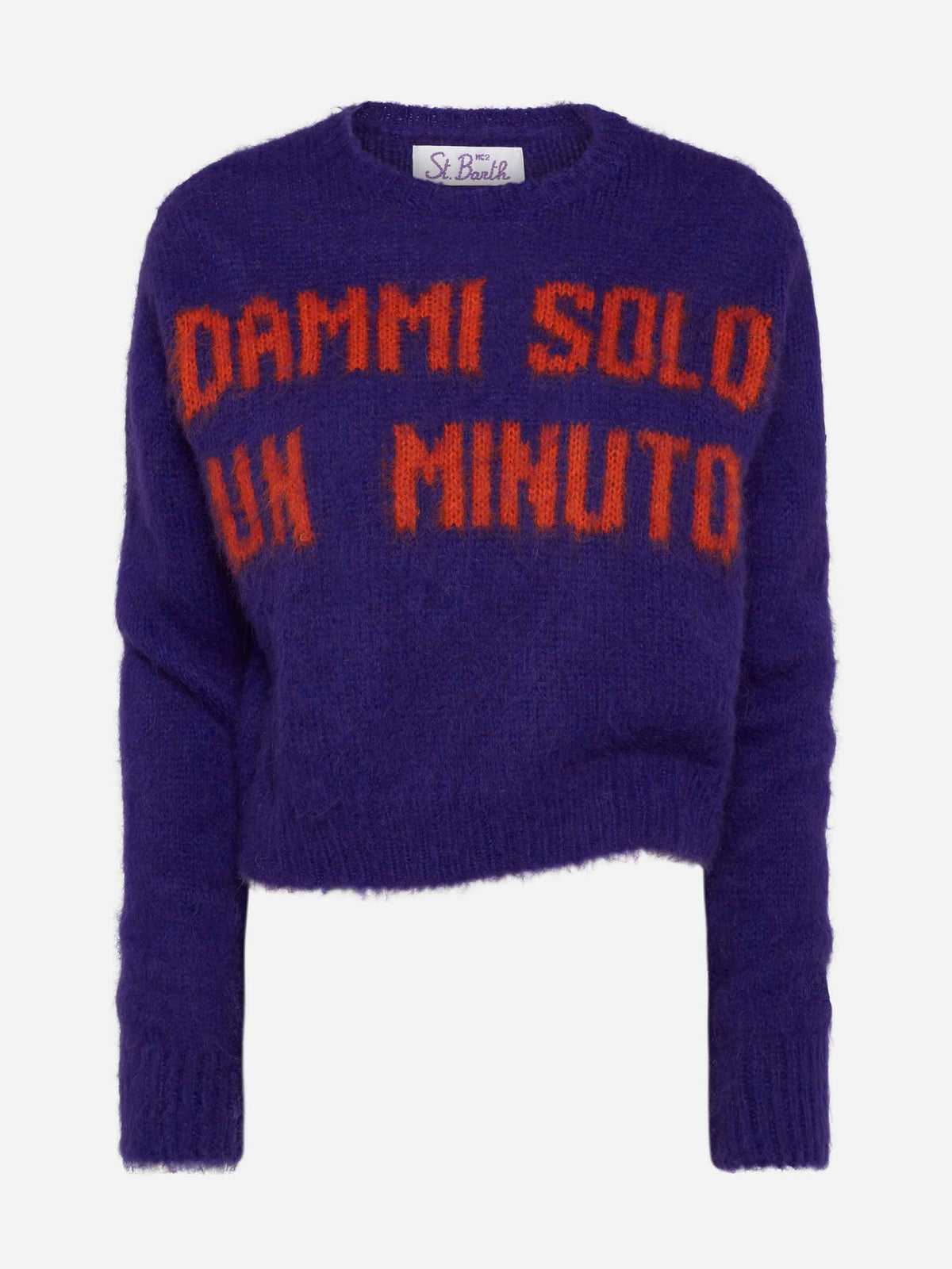 Maglione New Queen Crop Soft viola con ricamo Dammi solo un minuto
