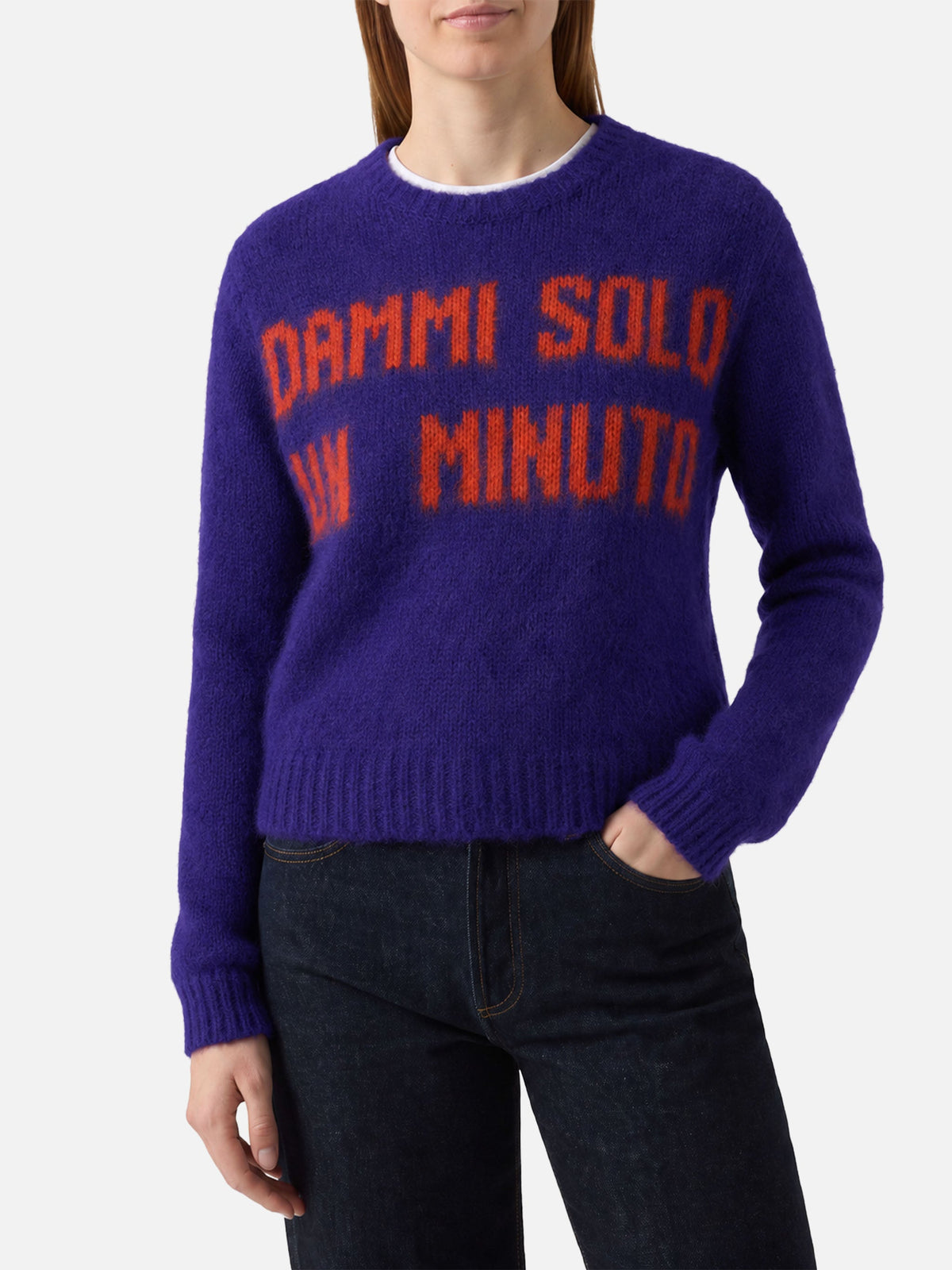 Maglione New Queen Crop Soft viola con ricamo Dammi solo un minuto