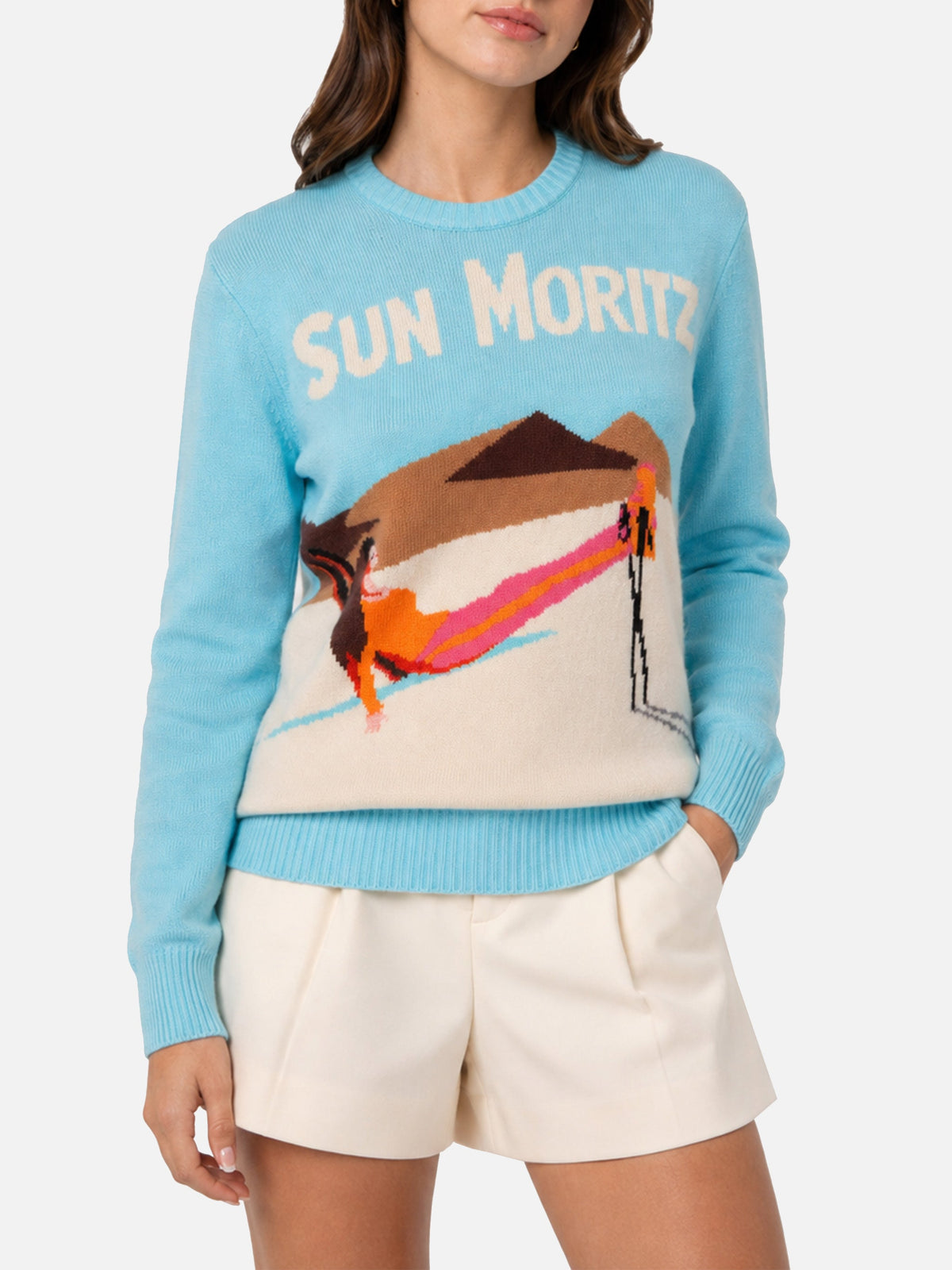 Maglione New Queen azzurro con jacquard cartolina Sun Moritz