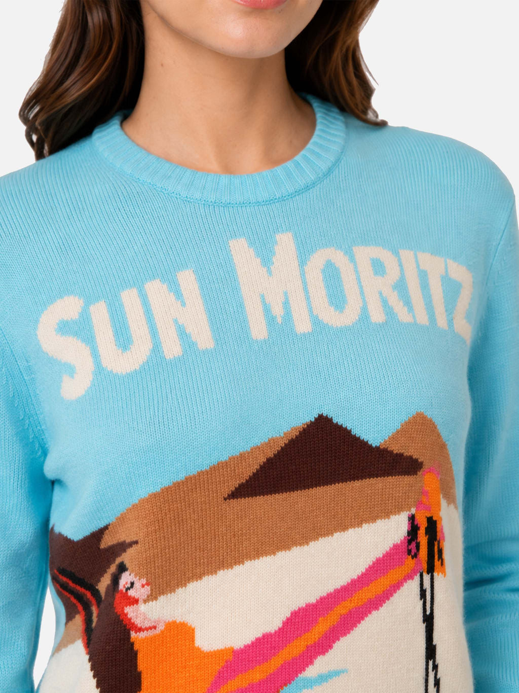 Maglione New Queen azzurro con jacquard cartolina Sun Moritz