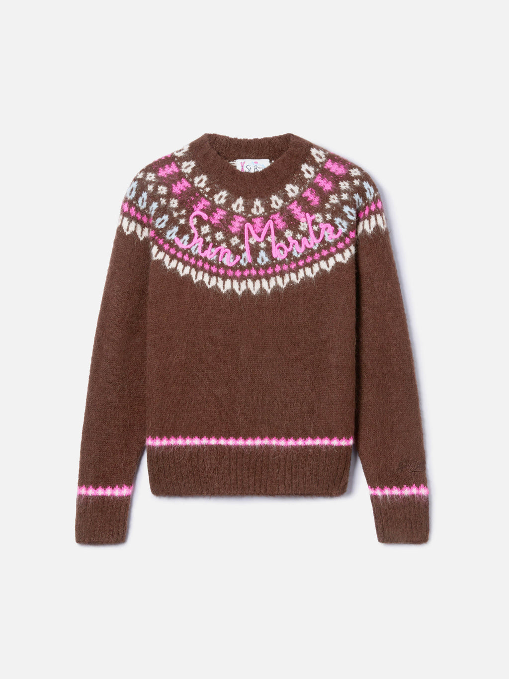 Maglione New Queen Nordic Soft marrone con ricamo Sun Moritz