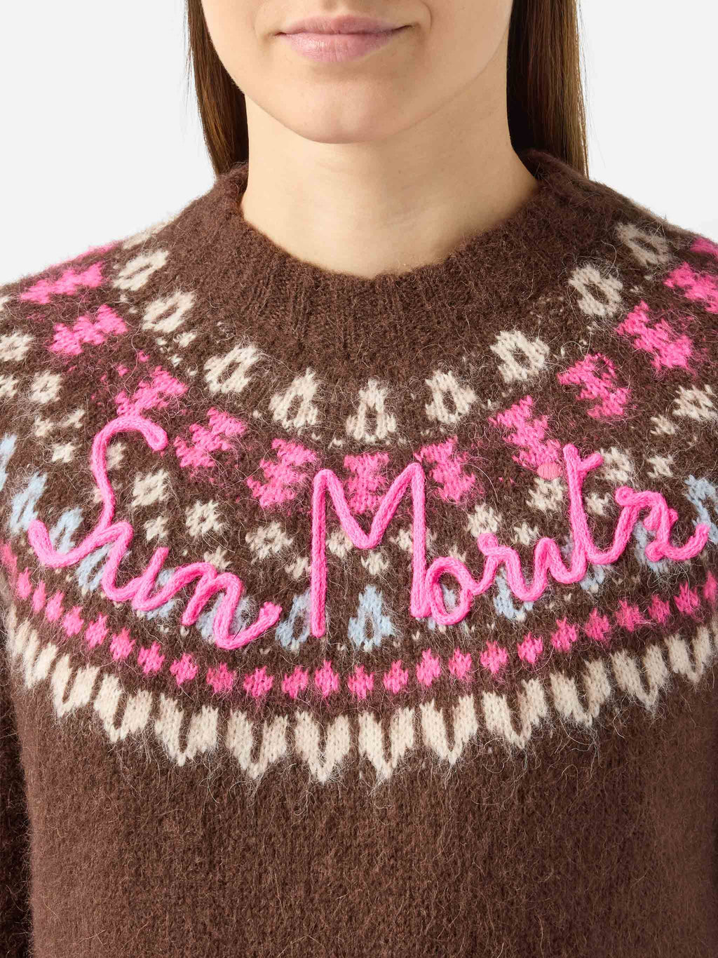 Maglione New Queen Nordic Soft marrone con ricamo Sun Moritz