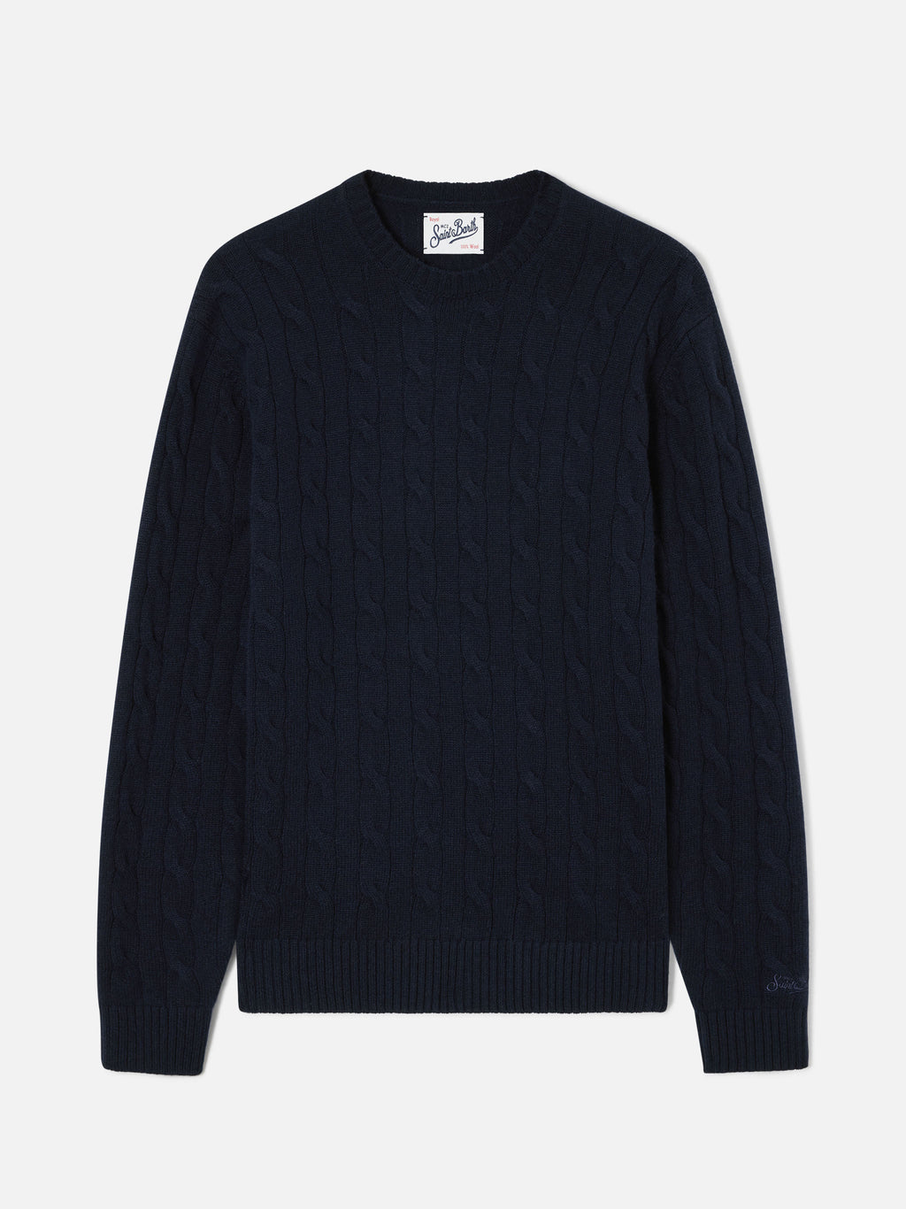 Maglia girocollo Regent blu navy in lana con lavorazione a trecce