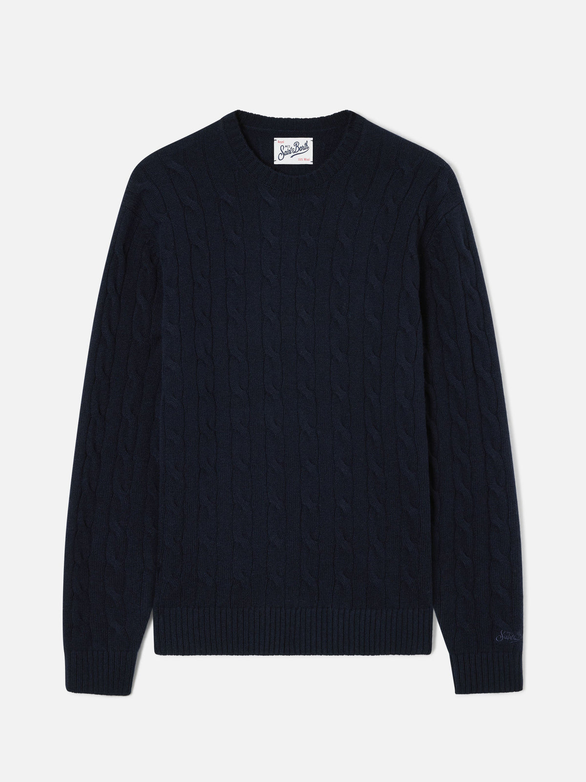Maglia girocollo Regent blu navy in lana con lavorazione a trecce