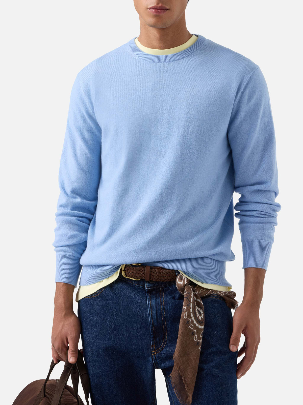 Maglia girocollo Regent azzurra in misto lana merino e cashmere