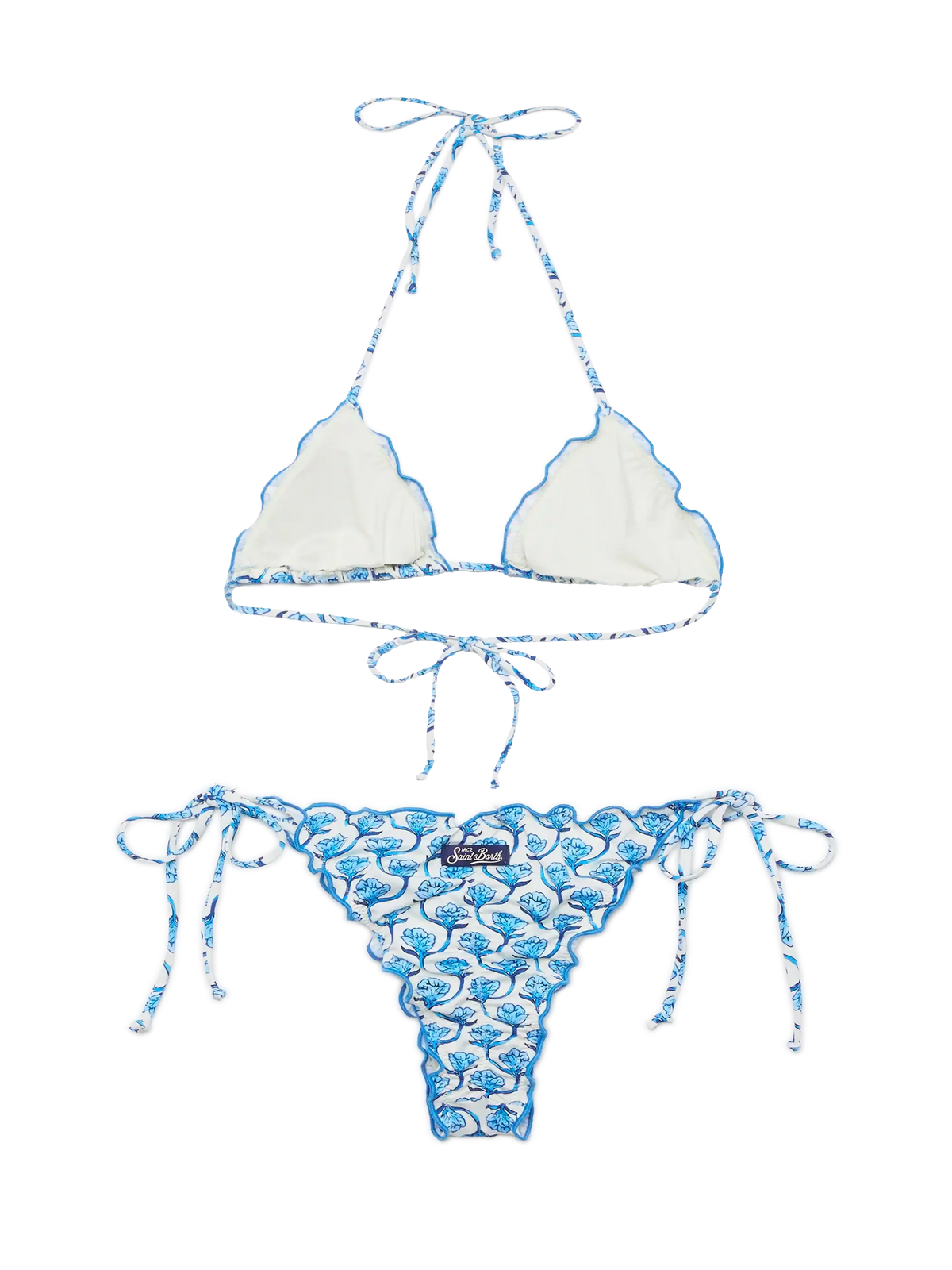 Bikini a triangolo Sagittarius Miami bianco panna e azzurro con stampa floreale