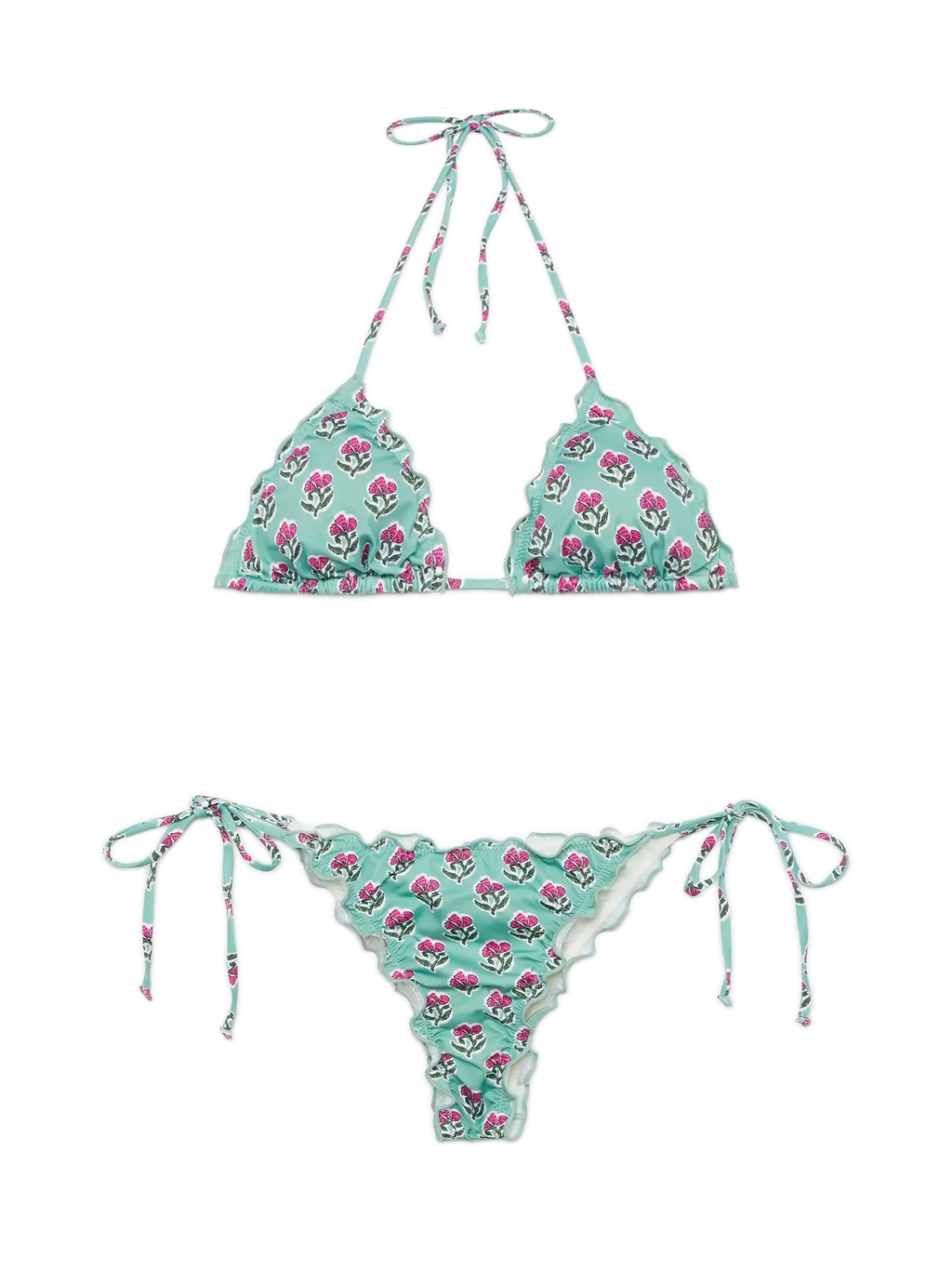 Bikini a triangolo Sagittarius Miami verde salvia e fucsia con stampa floreale
