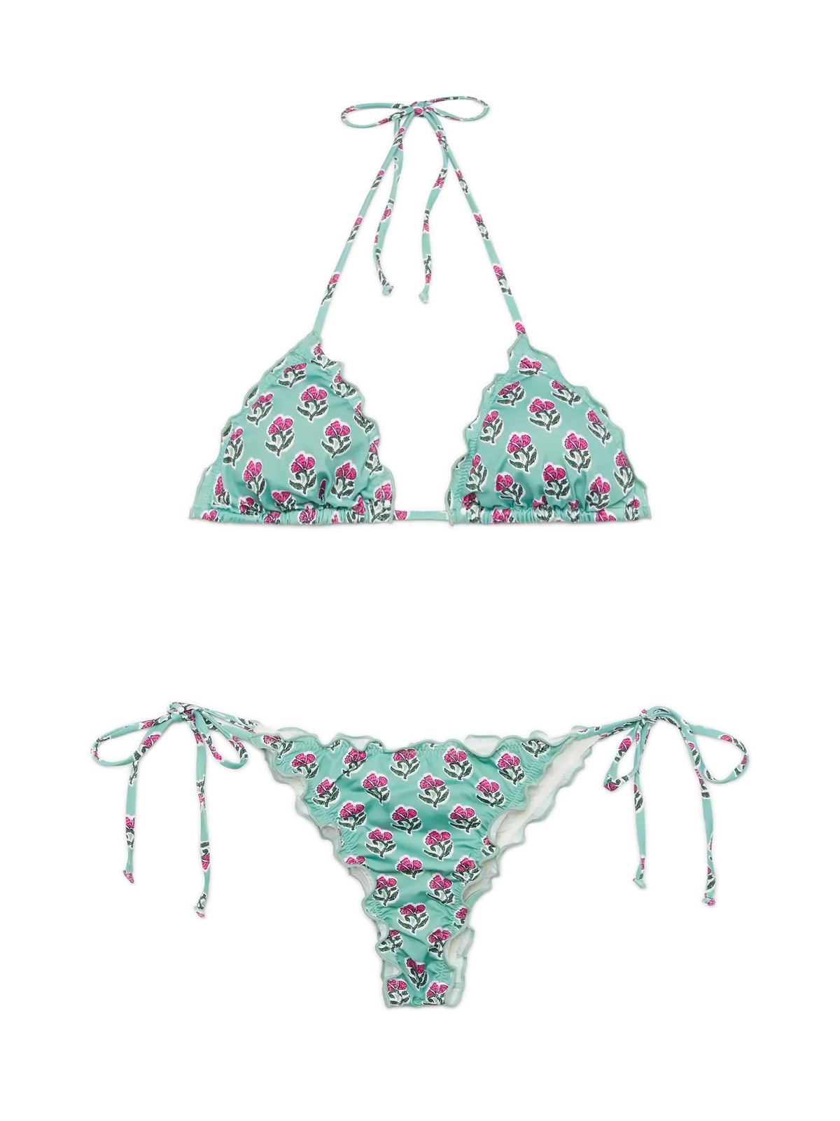 Bikini a triangolo Sagittarius Miami verde salvia e fucsia con stampa floreale