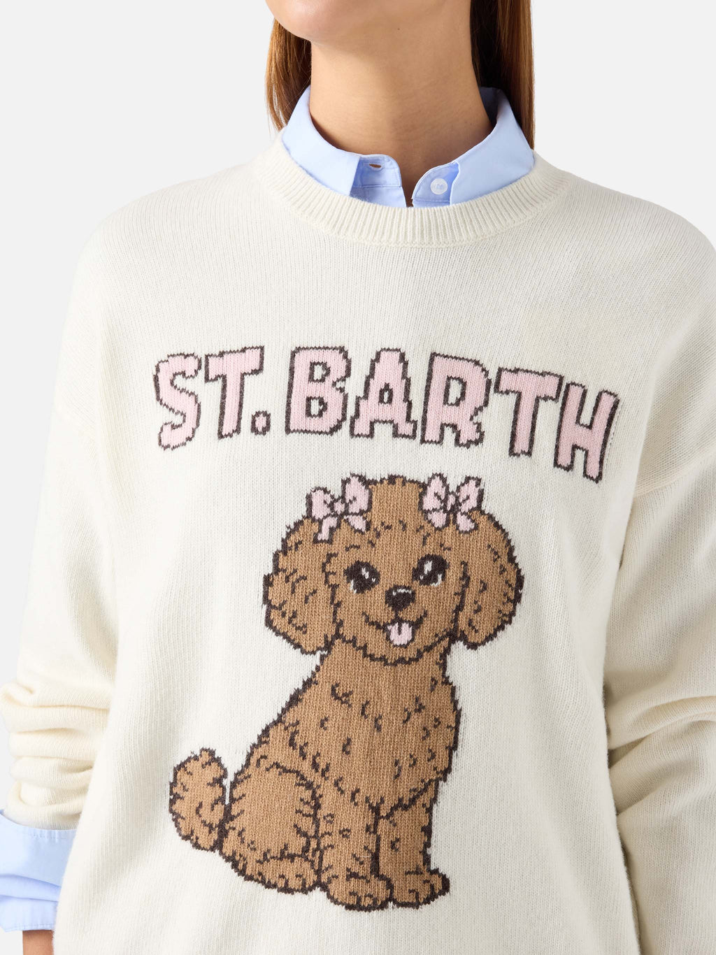 Maglia girocollo Tessa off white in misto lana e cashmere con intarsio barboncino