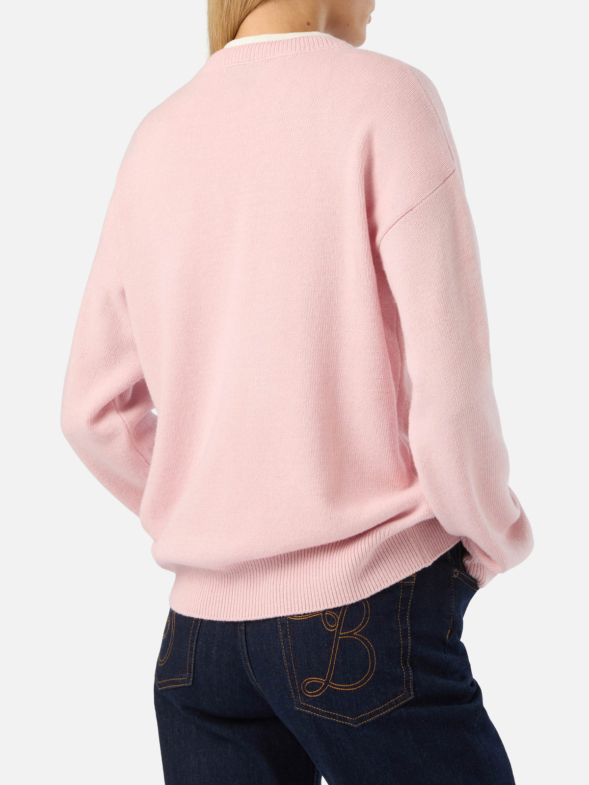 Maglia girocollo Tessa rosa in misto lana e cashmere con ricamo Bella E Impossibile