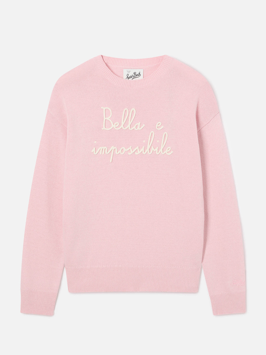 Maglia girocollo Tessa rosa in misto lana e cashmere con ricamo Bella E Impossibile