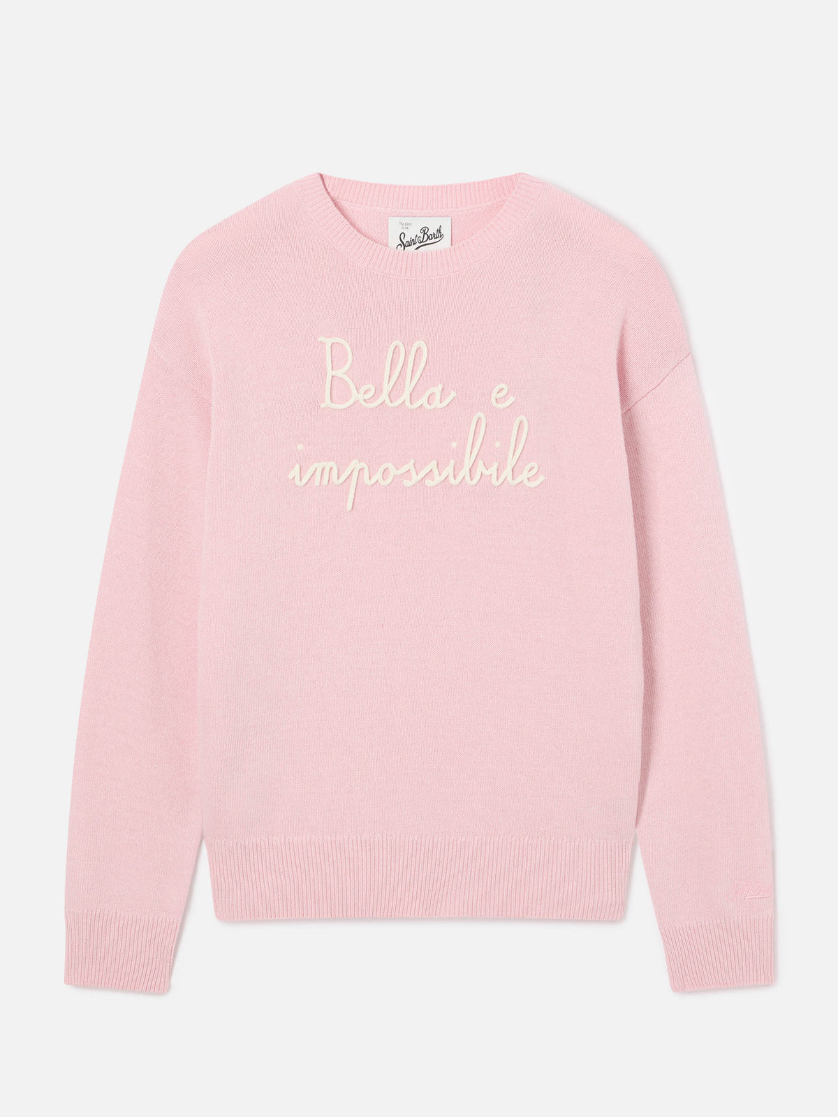 Maglia girocollo Tessa rosa in misto lana e cashmere con ricamo Bella E Impossibile