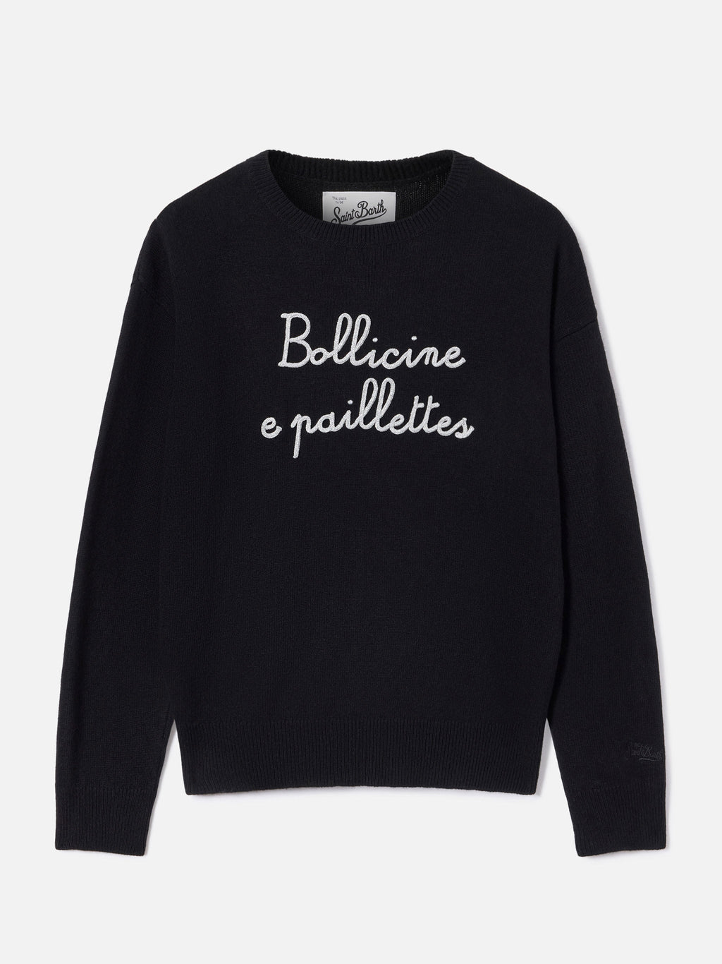Maglia girocollo Tessa nera in misto lana e cashmere con ricamo Bollicine E Paillettes