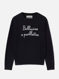 Maglia girocollo Tessa nera in misto lana e cashmere con ricamo Bollicine E Paillettes