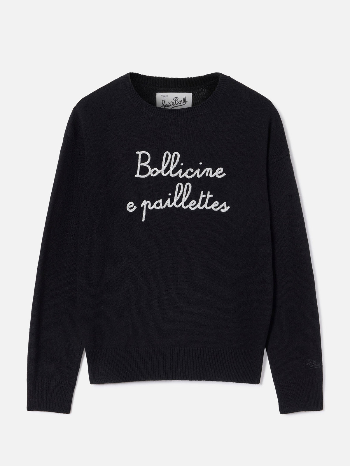 Maglia girocollo Tessa nera in misto lana e cashmere con ricamo Bollicine E Paillettes