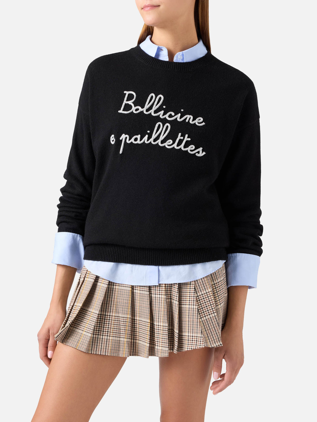 Maglia girocollo Tessa nera in misto lana e cashmere con ricamo Bollicine E Paillettes