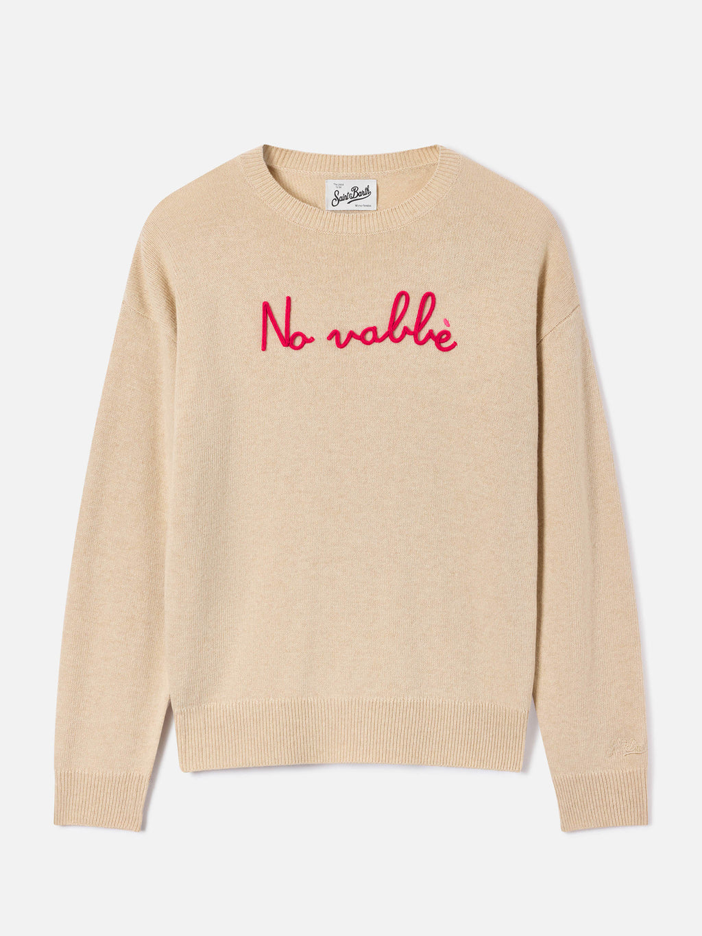 Maglia girocollo Tessa beige in misto lana e cashmere con ricamo No Vabbè
