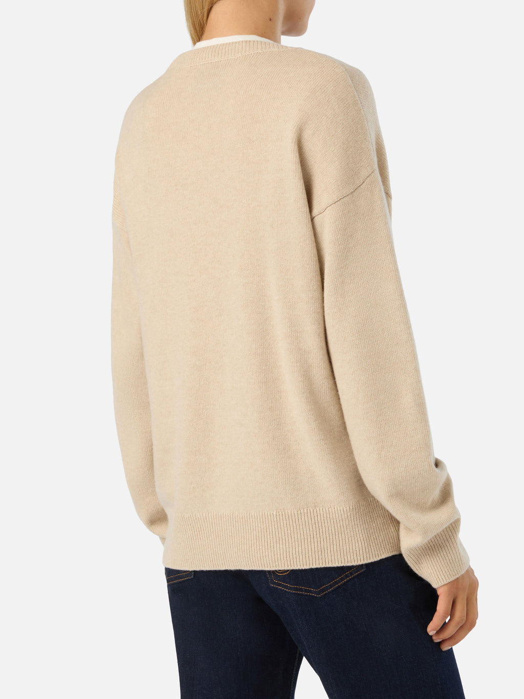 Maglia girocollo Tessa beige in misto lana e cashmere con ricamo No Vabbè