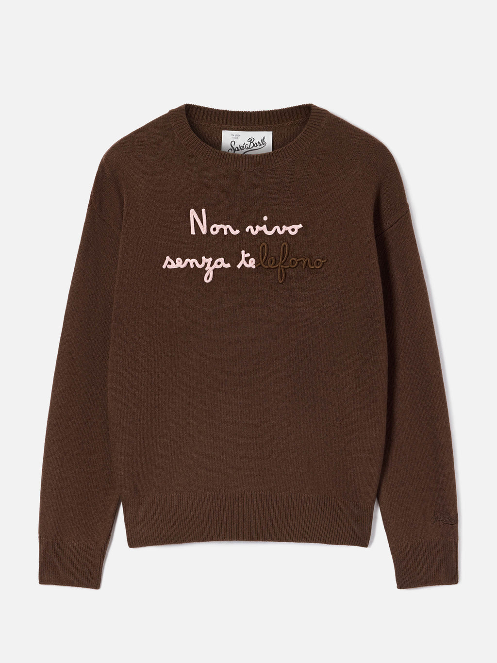 Maglia girocollo Tessa marrone in misto lana e cashmere con ricamo Non Vivo Senza Te