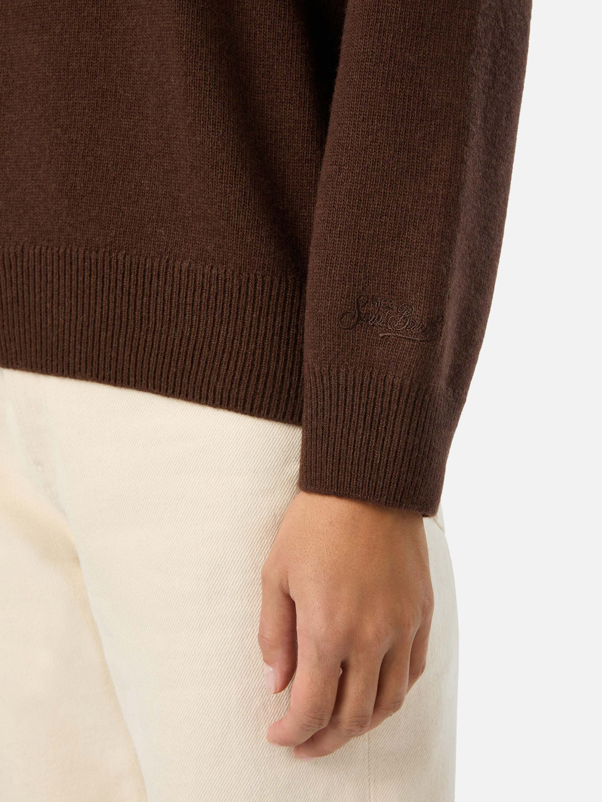 Maglia girocollo Tessa marrone in misto lana e cashmere con ricamo Non Vivo Senza Te