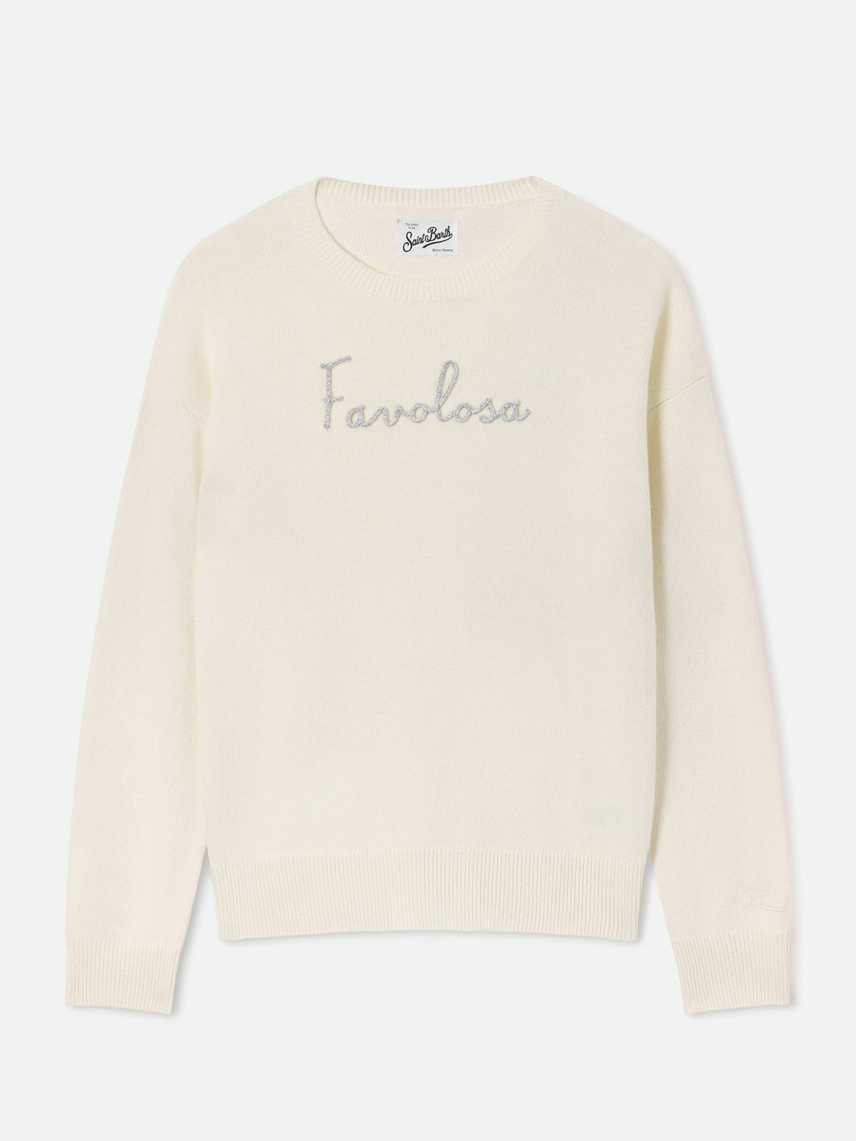 Maglia girocollo Tessa off white in misto lana e cashmere con ricamo Favolosa