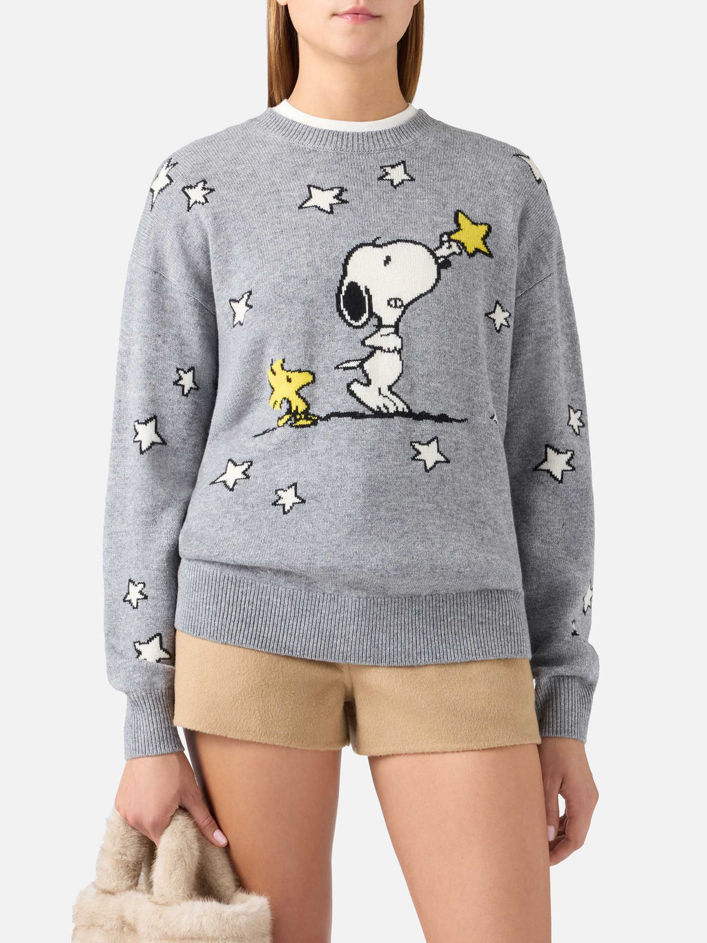 Maglia girocollo Tessa grigia in misto lana e cashmere con intarsio Snoopy | Special edition