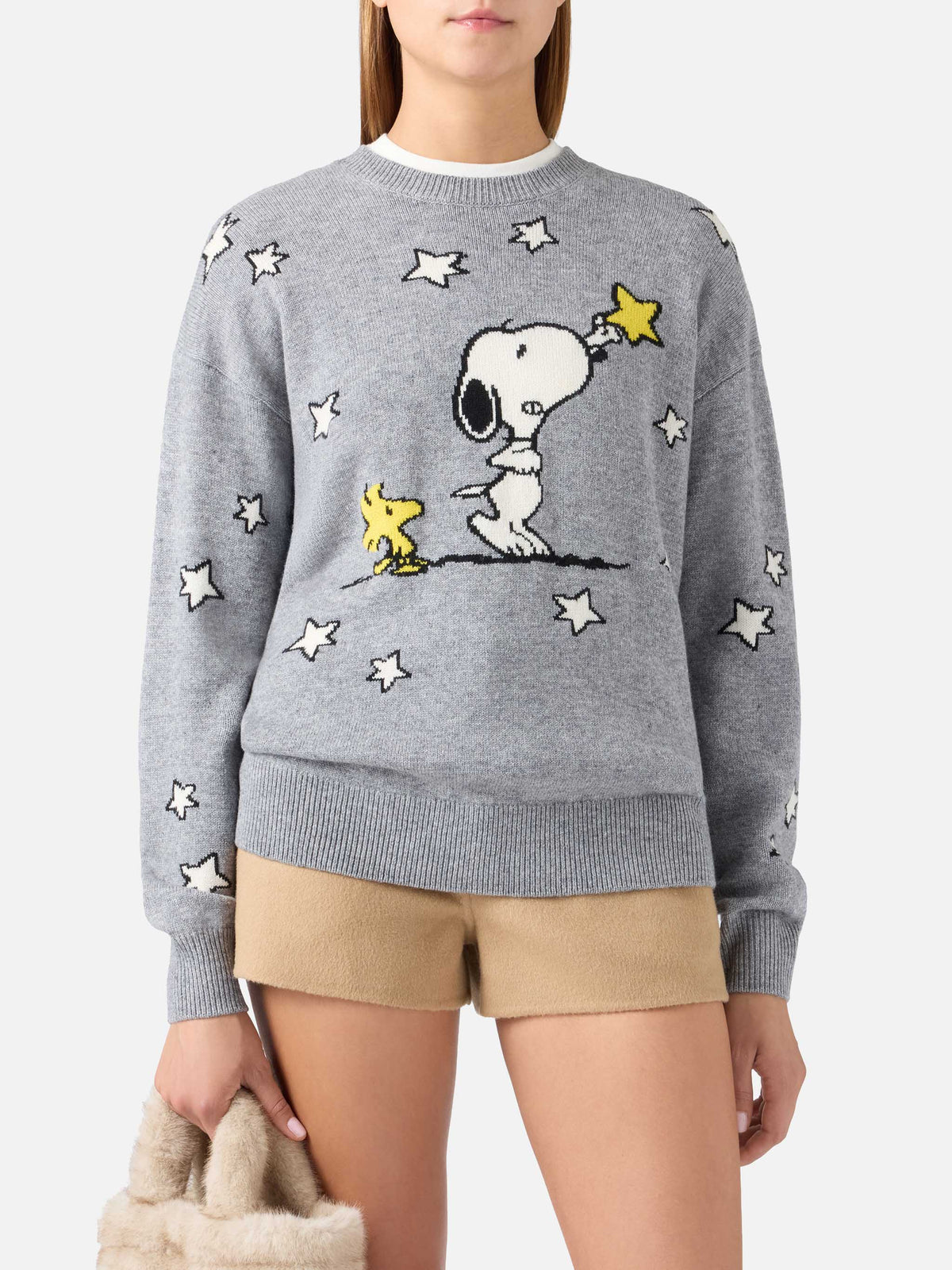 Maglia girocollo Tessa grigia in misto lana e cashmere con intarsio Snoopy | Special edition