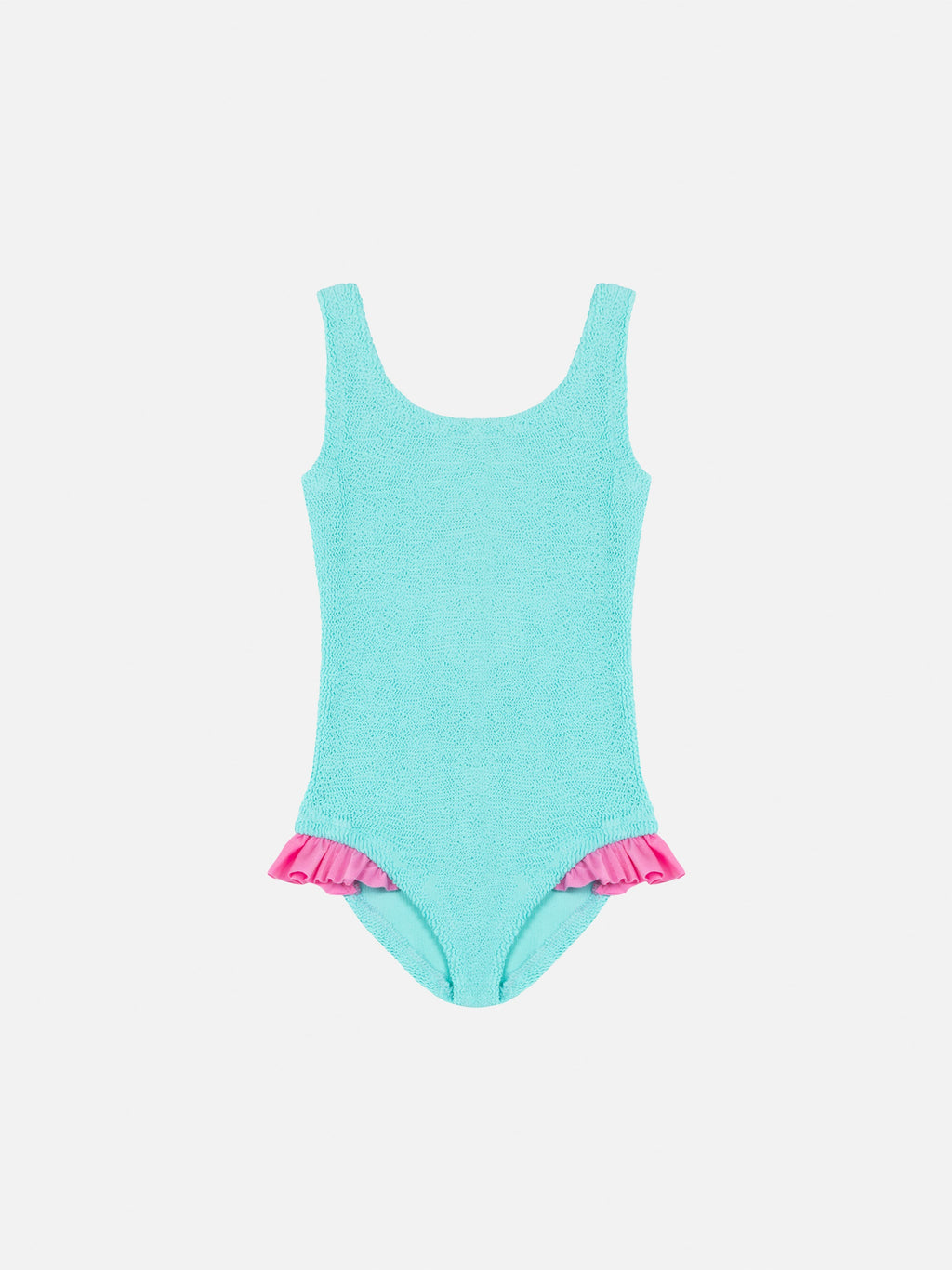 Costume intero Tiana verde acqua in tessuto crinkle con volant