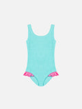 Costume intero Tiana verde acqua in tessuto crinkle con volant