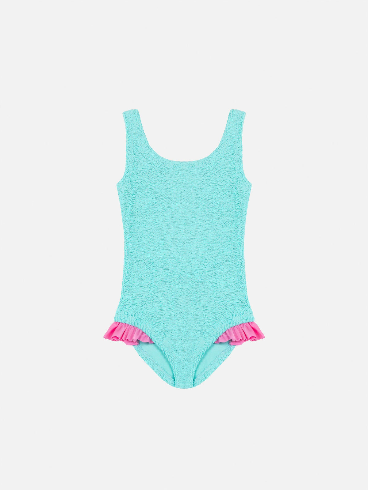 Costume intero Tiana verde acqua in tessuto crinkle con volant